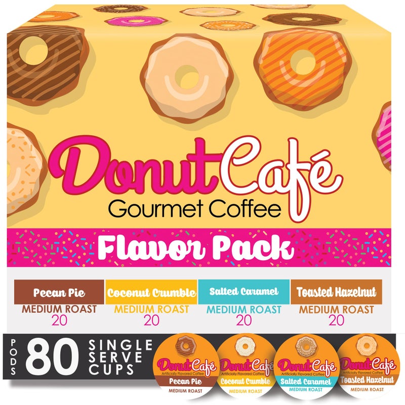 Donut Café - Gourmet Coffee Medium Roast Flavored Variety Pack - Pecan Pie, Coconut Crumble, Salted Caramel, Toasted Hazelnut - Single Serve Coffee Pods for Keurig K Cup Brewers - 80 Count - Image 1