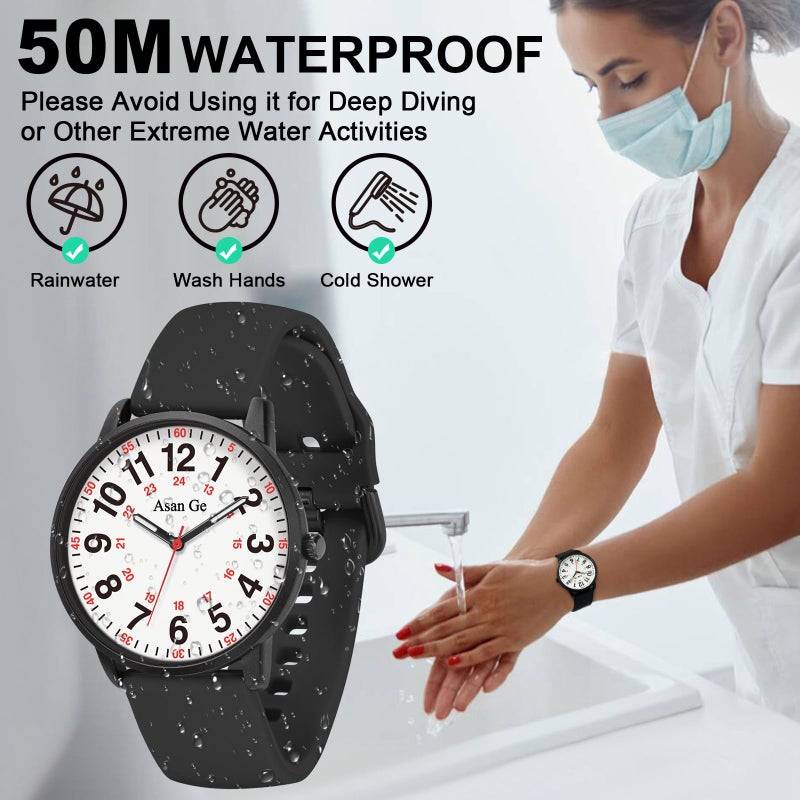 Asan Ge Waterproof Nurse Watch for Nurse,Medical Professionals,Students,Doctors,Women Men - Nursing Watch Military Time Luminouse Easy to Read Dial 24 Hour with Second Hand(Black White) - Image 2