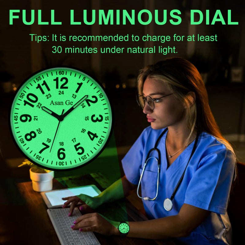 Asan Ge Waterproof Nurse Watch for Nurse,Medical Professionals,Students,Doctors,Women Men - Nursing Watch Military Time Luminouse Easy to Read Dial 24 Hour with Second Hand(Black White) - Image 3