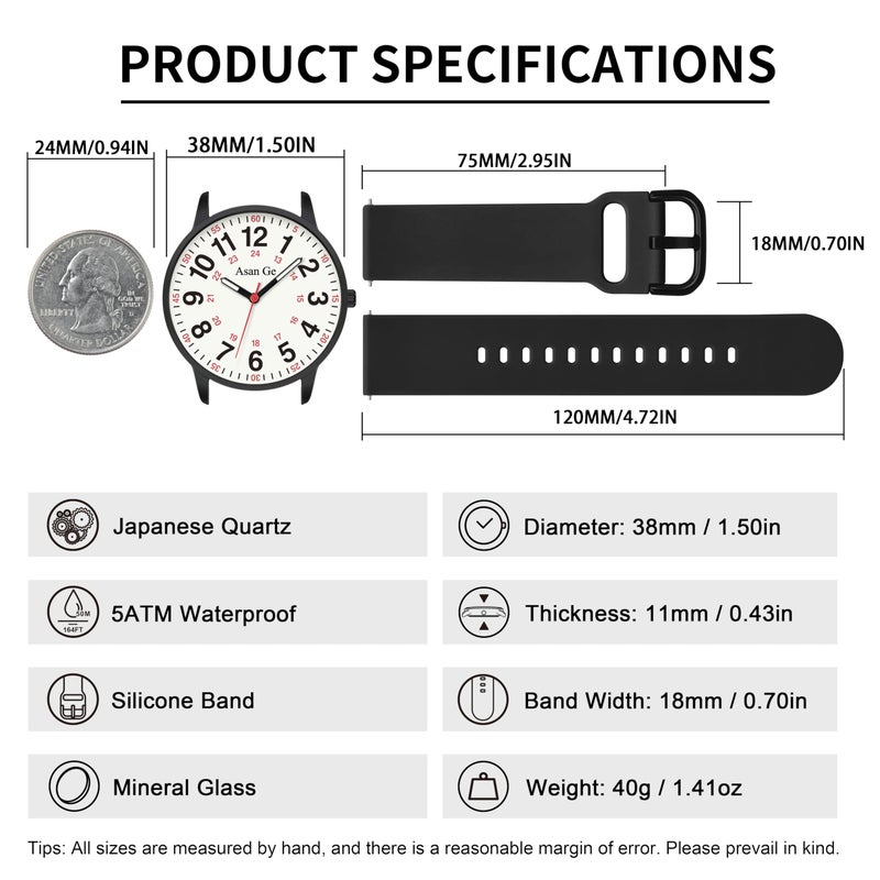 Asan Ge Waterproof Nurse Watch for Nurse,Medical Professionals,Students,Doctors,Women Men - Nursing Watch Military Time Luminouse Easy to Read Dial 24 Hour with Second Hand(Black White) - Image 5