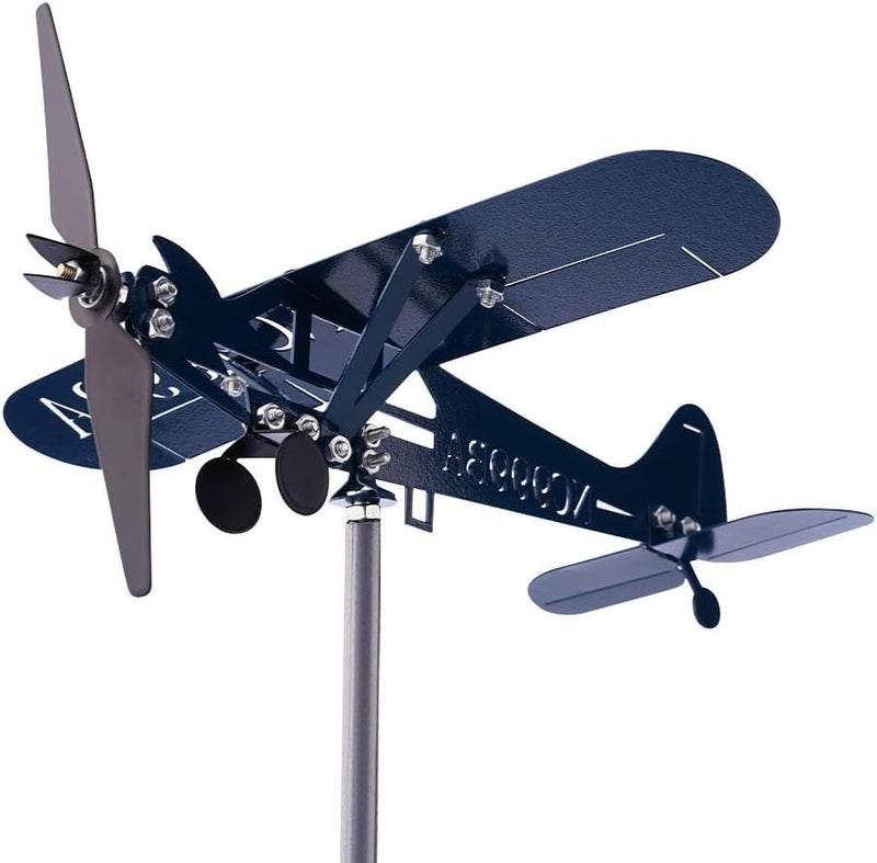 SDFRT Blue Airplane Weathervane Kinetic Metal Wind Spinners for Yard and Garden 3D Kinetic Wind Spinner Wind Catchers Sculpture Airplane Weathervane Metal Wind Spinner 28 x 32 cm - Image 1