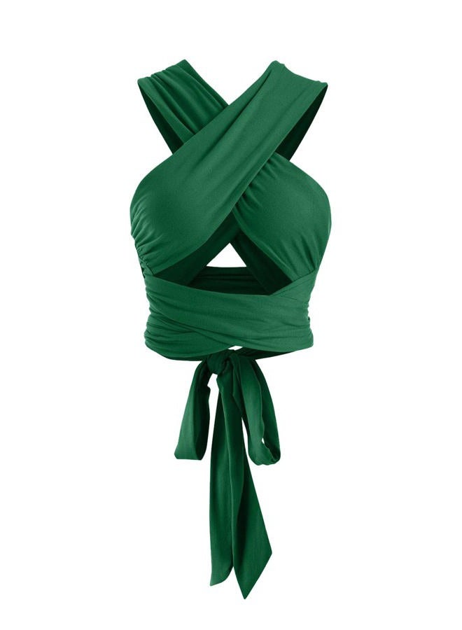ZAFUL Womens Ribbed Halter Crop Top Ruched Lace-up Cropped Cami Bandana Top Criss Cross Wrap Print Tank Top, Green-100, One size - Image 1