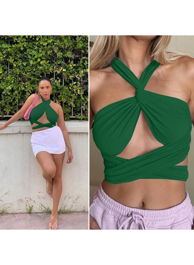ZAFUL Womens Ribbed Halter Crop Top Ruched Lace-up Cropped Cami Bandana Top Criss Cross Wrap Print Tank Top, Green-100, One size - Image 4