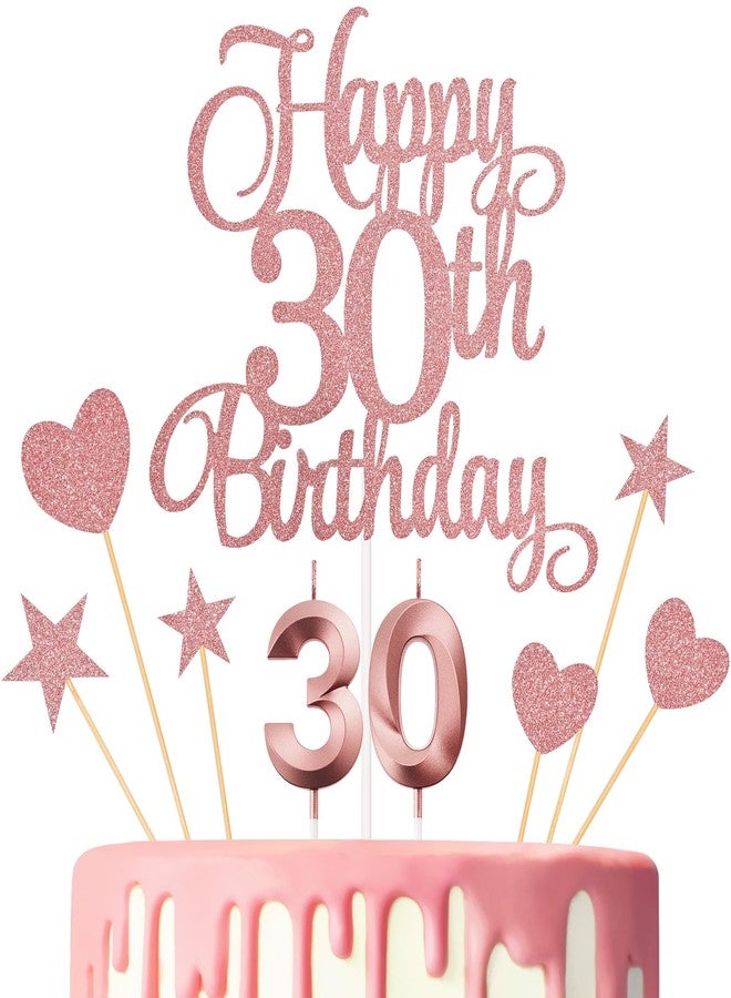 Lecferrarc 30th Birthday Cake Decorations, 30th Birthday Candles Cake Numeral Candles and Glitter Happy 30th Birthday Cake Toppers Set for Birthday Party Supplies (Rose Gold) - Image 1