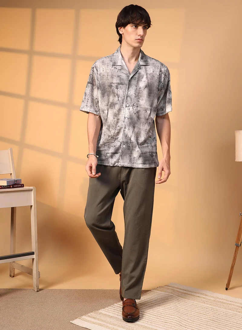 Campus Sutra Campus Sutra Men's Charcoal Black & Ivory White Faded Woven Oversized Shirt For Casual Wear | Cuban Collar | Short Sleeve | Button Closure | Oversized Shirt Crafted With Comfort Fit For Everyday Wear