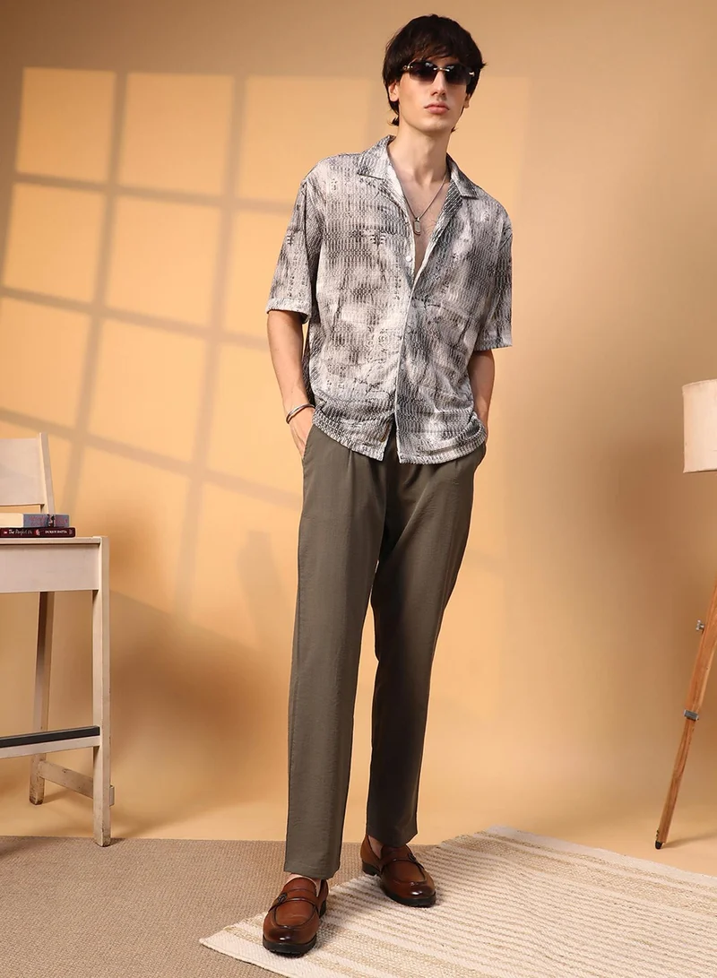 Campus Sutra Campus Sutra Men's Charcoal Black & Ivory White Faded Woven Oversized Shirt For Casual Wear | Cuban Collar | Short Sleeve | Button Closure | Oversized Shirt Crafted With Comfort Fit For Everyday Wear