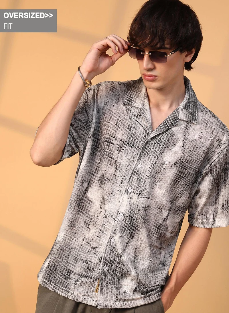 Campus Sutra Campus Sutra Men's Charcoal Black & Ivory White Faded Woven Oversized Shirt For Casual Wear | Cuban Collar | Short Sleeve | Button Closure | Oversized Shirt Crafted With Comfort Fit For Everyday Wear