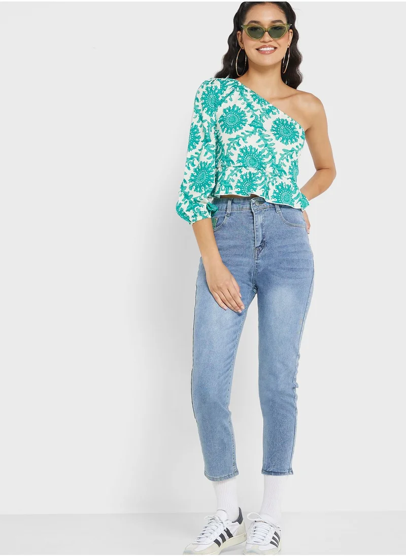 Ginger Printed One Shoulder Peplum Top