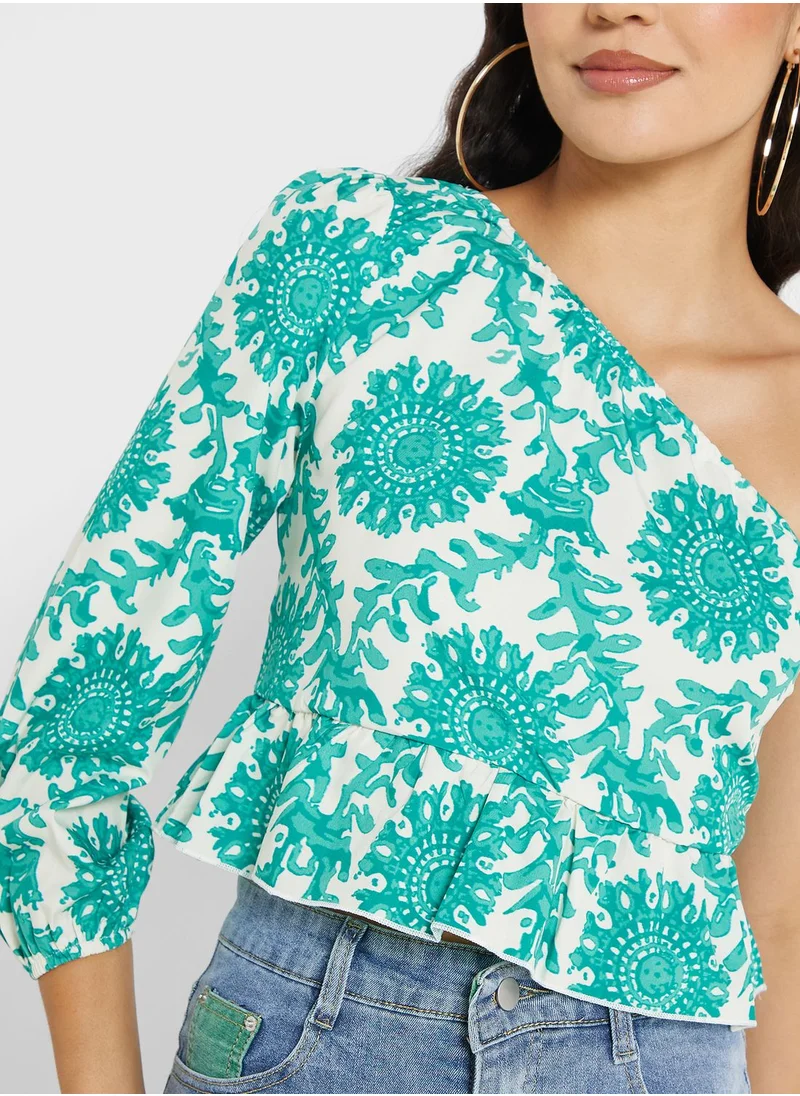 Ginger Printed One Shoulder Peplum Top