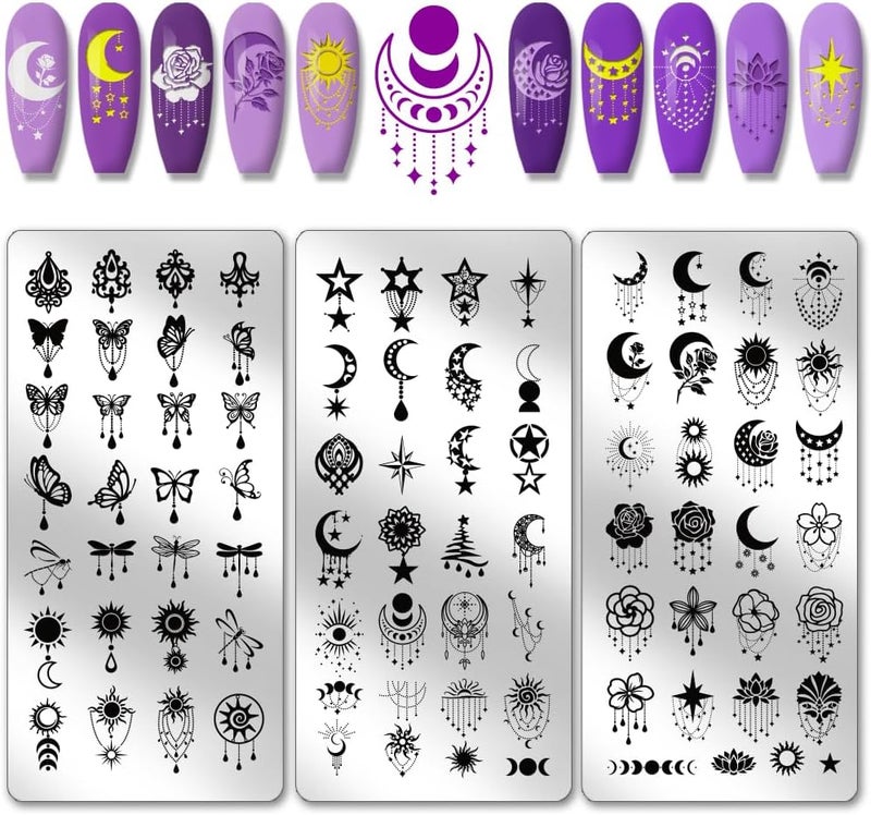 PH PandaHall 3pcs Moon Star Pattern Nail Stamp Plate Star Butterfly Nail Art Template Stainless Steel Nails Image Plate Flower Nail Art Stencils for Women DIY Printing 12x6cm