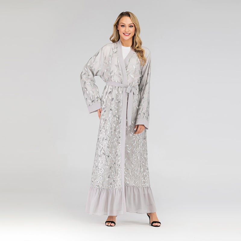 Stylish New Women's Lace Elegant Cardigan with Leaf Embroidery and Sequins Long Robe 1711 - Image 3
