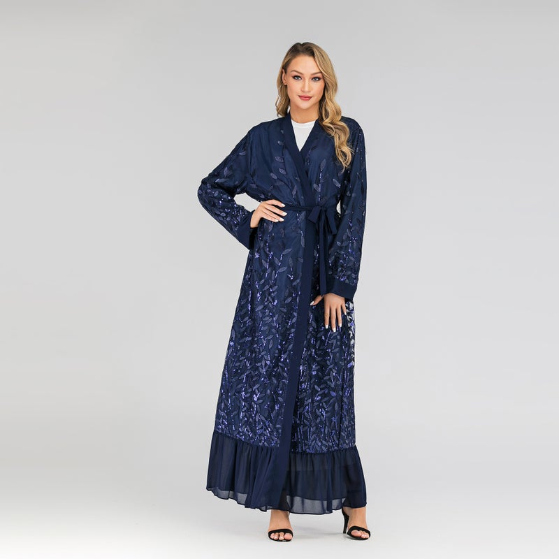 Stylish New Women's Lace Elegant Cardigan with Leaf Embroidery and Sequins Long Robe 1711 - Image 2