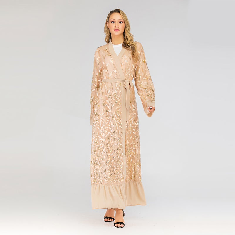 Stylish New Women's Lace Elegant Cardigan with Leaf Embroidery and Sequins Long Robe 1711 - Image 4