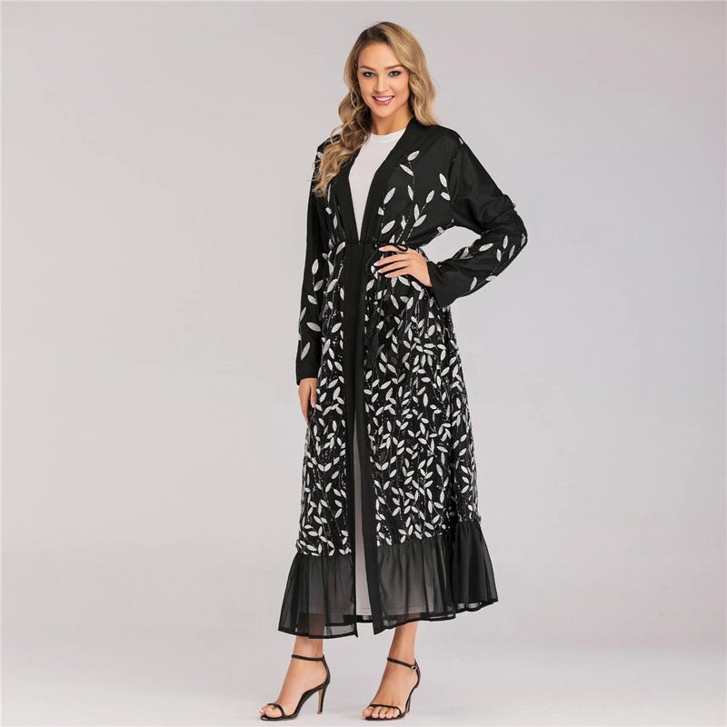 Stylish New Women's Lace Elegant Cardigan with Leaf Embroidery and Sequins Long Robe 1711 - Image 5