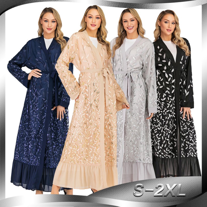 Stylish New Women's Lace Elegant Cardigan with Leaf Embroidery and Sequins Long Robe 1711 - Image 1
