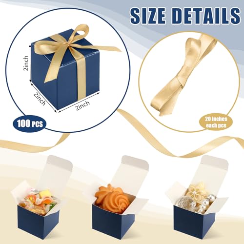 Jutom 100 Pcs Mini Favor Boxes Extra Small Candy Boxes Paper with Gold Ribbon for Christmas Thanksgiving Day Birthday Wedding Anniversary Supplies(2 x 2 x 2 Inch,Navy Blue) - Image 2