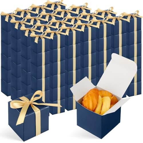 Jutom 100 Pcs Mini Favor Boxes Extra Small Candy Boxes Paper with Gold Ribbon for Christmas Thanksgiving Day Birthday Wedding Anniversary Supplies(2 x 2 x 2 Inch,Navy Blue) - Image 1