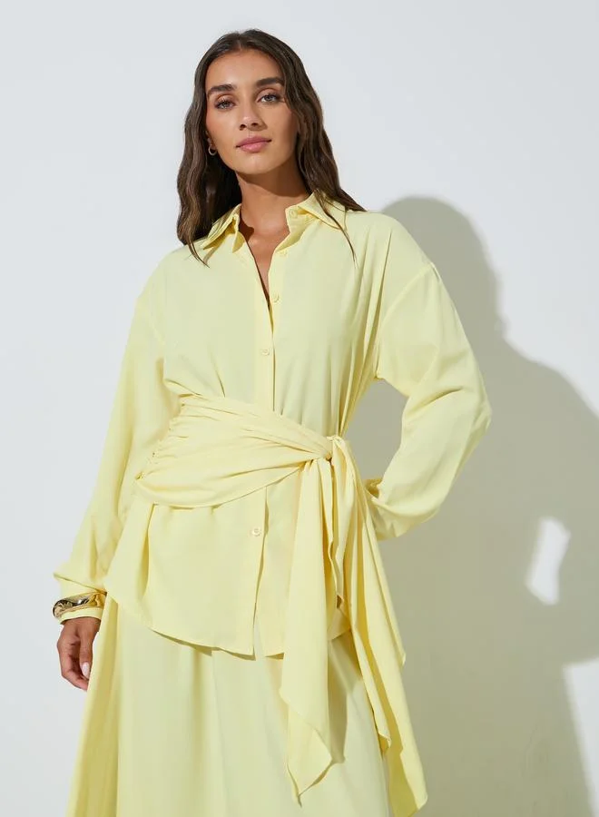 Styli Yellow Solid Tie-Up Detail Shirt and Maxi Skirt Co-ord Set