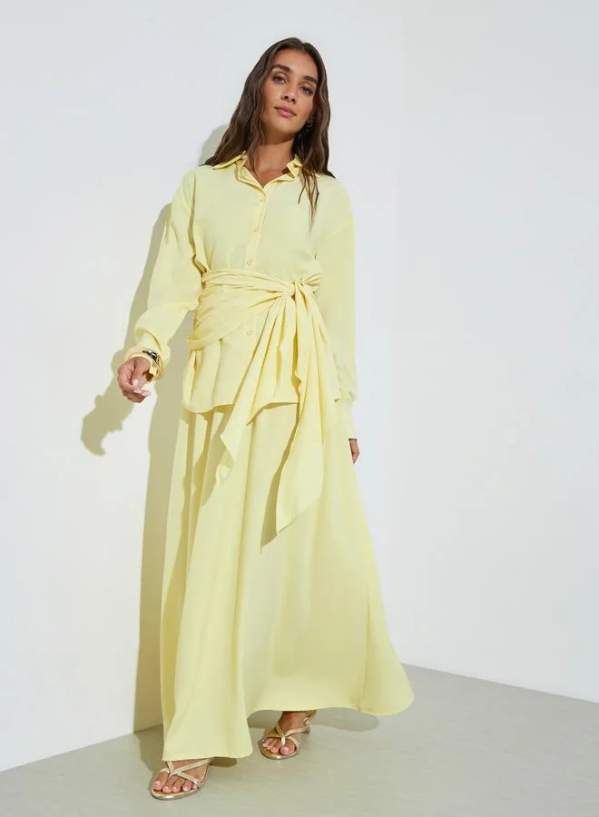 Yellow Solid Tie-Up Detail Shirt and Maxi Skirt Co-ord Set