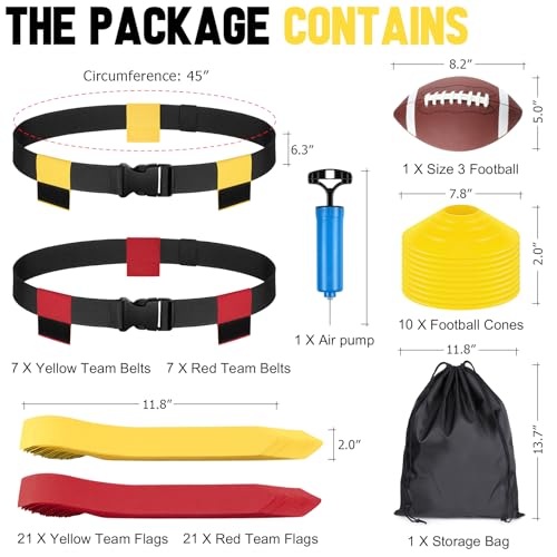 BORNEW Flag Football Set for Kids, 14 Player Adjustable Flag Football Belts with 24 Flags, Practise Cones, a Size 3 Football, Air Pump and Storage Bag, for Youth and Adults Capture Flag Training… - Image 2