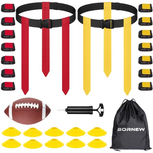 BORNEW Flag Football Set for Kids, 14 Player Adjustable Flag Football Belts with 24 Flags, Practise Cones, a Size 3 Football, Air Pump and Storage Bag, for Youth and Adults Capture Flag Training… - Image 1
