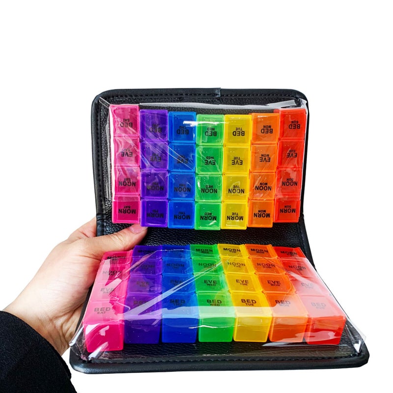 Same Style Black Leather Bag Large Capacity 7-Day Pill Box Double-Sided Color 56 Grid Tablet Storage Leather Bag Pill Box - Image 4