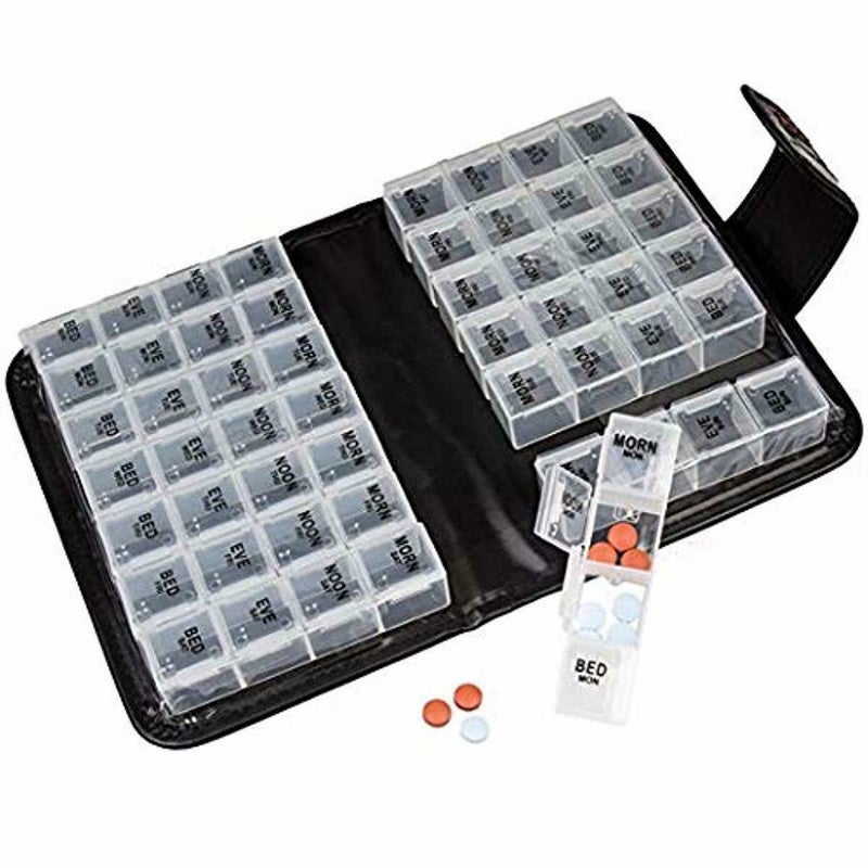 Same Style Black Leather Bag Large Capacity 7-Day Pill Box Double-Sided Color 56 Grid Tablet Storage Leather Bag Pill Box - Image 1