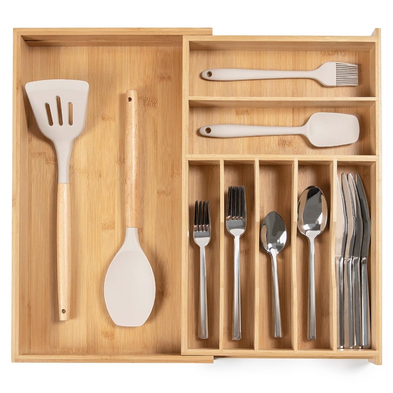 KitchenEdge Premium Silverware Flatware and Utensil Organizer for Kitchen Drawers FoodSafe Contract Grade Expandable from 105 to 19 In Natural Bamboo