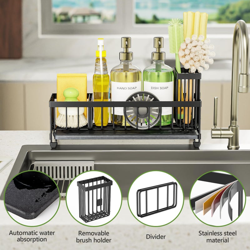 Cisily Extra Large Sink Caddy Organizer with Drying Stone, Black Sponge Holder for Kitchen, Dish Brush Holder for Countertop, Kitchen Decor Storage and Essentials - Image 3