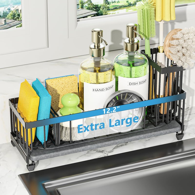 Cisily Extra Large Sink Caddy Organizer with Drying Stone, Black Sponge Holder for Kitchen, Dish Brush Holder for Countertop, Kitchen Decor Storage and Essentials - Image 1