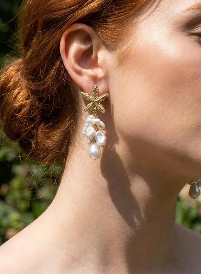 Gold Starfish Pearl Dangle Earrings