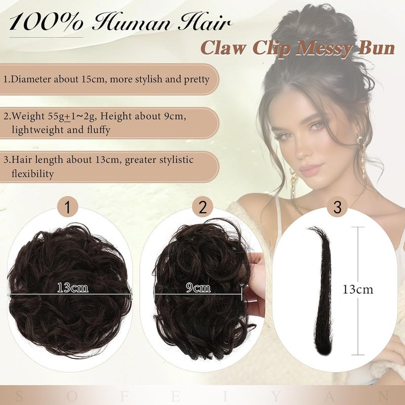 SOFEIYAN Claw Clip Messy Bun 100% Human Hair Buns Curly Hairpieces with Clip Real Hair Chignon Tousled Updo Scrunchie Hairpiece with Clips Hair Accessories for Women-2/4# - Image 2