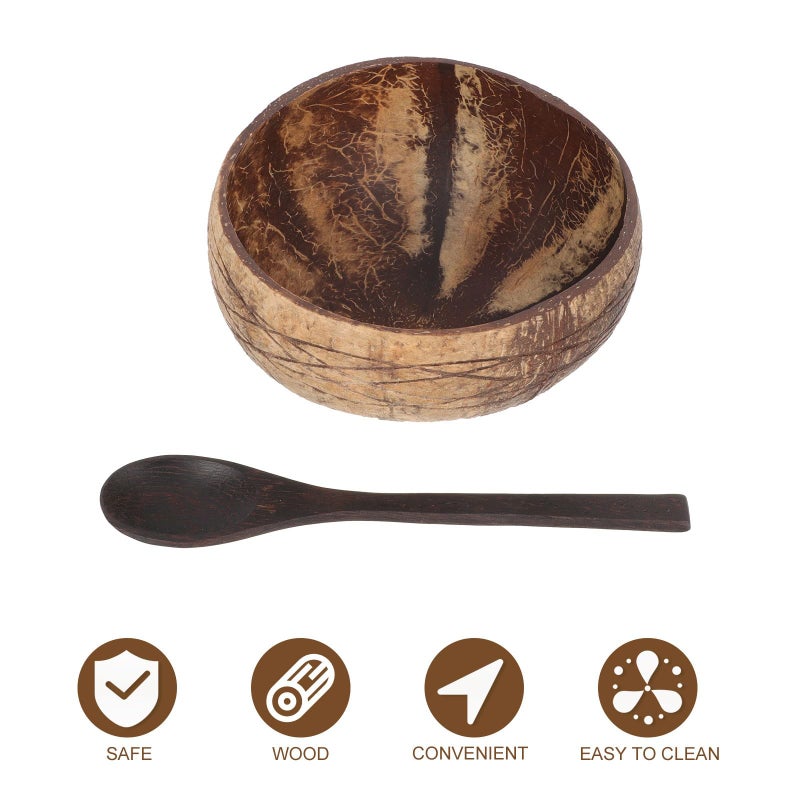 Natural Coconut Shell Salad Bowl With Wave Pattern Wood Spoon Eco Friendly Dinnerware Set - Image 4