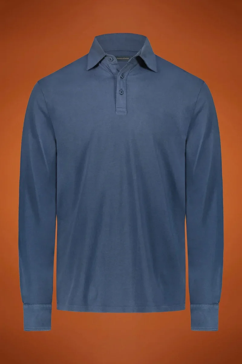 Men's long sleeve polo shirt 100% cotton regular fit - Blue