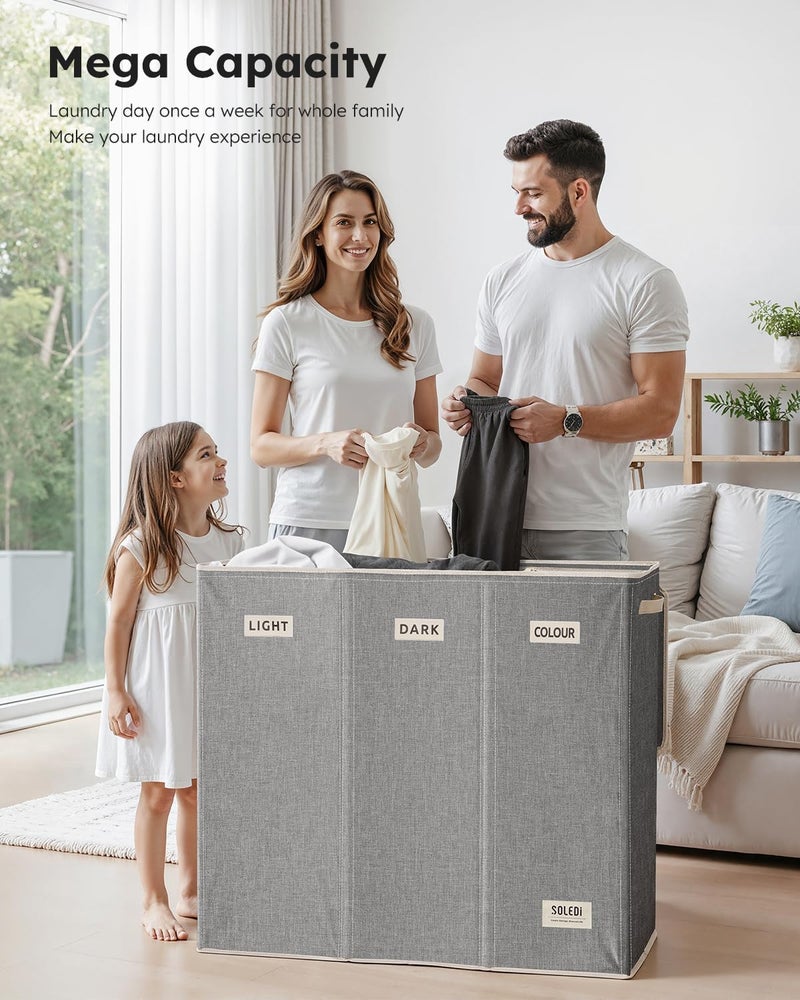 SOLEDI 200L 3-Section Laundry Hamper with Lid, Extra Large Dirty Clothes Basket with Sturdy Handles for Laundry Room & Bedroom - Durable Organizer for Sorting Laundry - Image 2