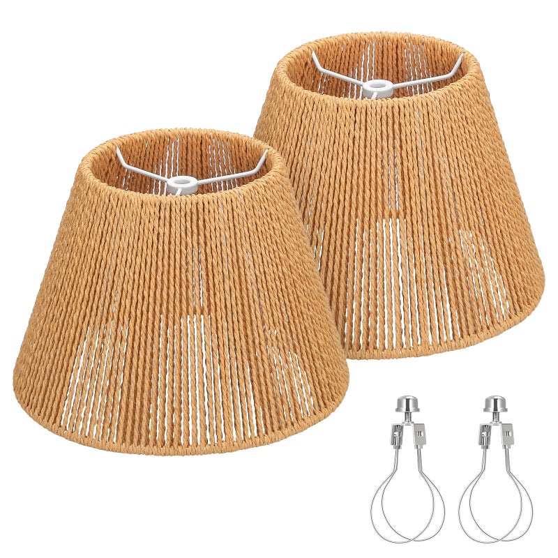 Seaside Village Small Rattan Lamp Shades Set of 2, Boho Lamp Shades for Table Lamps, 5.5" Top x 10" Bottom x 6.6" High, Wicker Lampshade Replacement for Bedroom, Hand Woven, Spider, Bulb Clip Adapters Included - Image 1