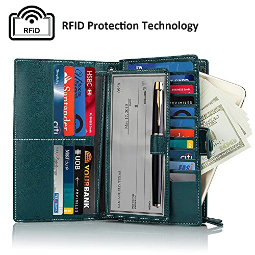FT FUNTOR محفظة نسائية كبيرة الحجم مع حجب RFID من الجلد بسحاب محيط، حقيبة يد كبيرة، منظم هاتف، معصم أخضر - Image 2