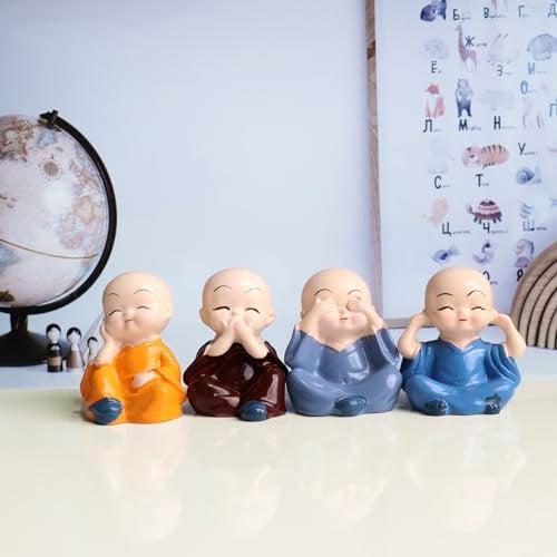 Shubhanjali Baby Monk Statue (Set of 4) | Mini Showpieces Figurines for Office Desk Decor & Car Dashboard Decoration | Vastu Decorative Showpiece for Home Decor Living Room | Ideal for Housewarming Gift - Image 2