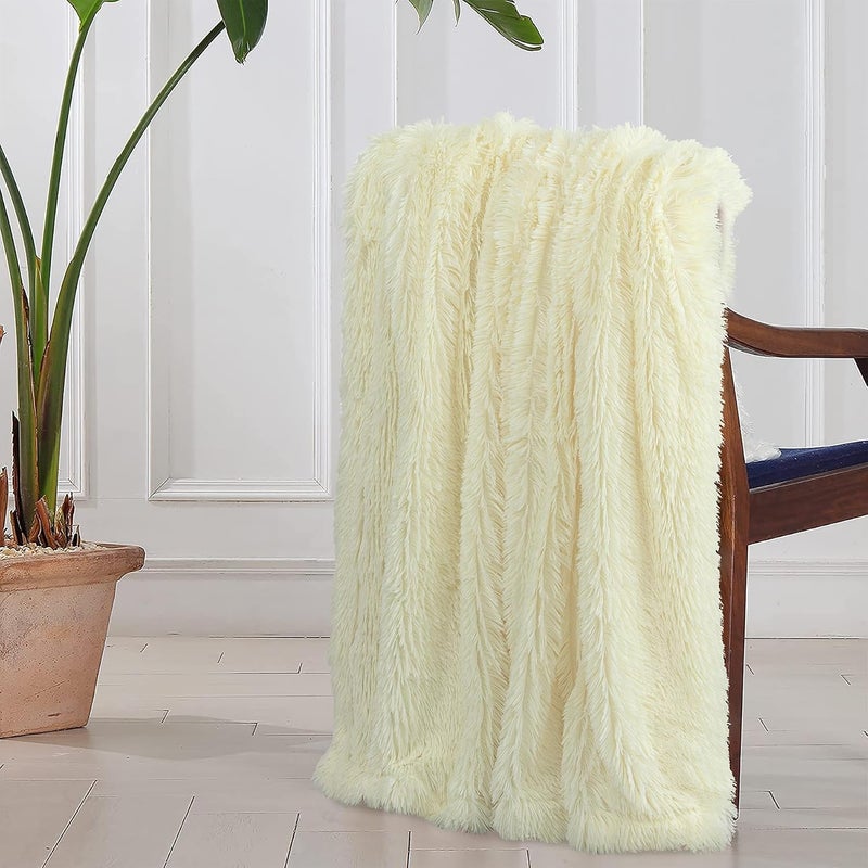 Tuddrom Decorative Extra Soft Faux Fur Blanket Twin Size 70" x 78",Solid Reversible Fuzzy Long Hair Shaggy Blanket,Fluffy Cozy Plush Fleece Comfy Microfiber Blanket for Couch Sofa Bed,Light Yellow - Image 2