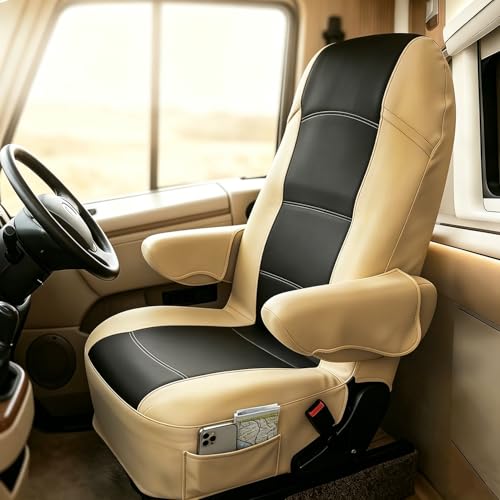BeadChica 2 Pack RV Seat Covers for Captains Chairs,Motorhome Seat Covers for Class-A RV Seat with Arm Rest Covers (Black & Beige) - Image 1