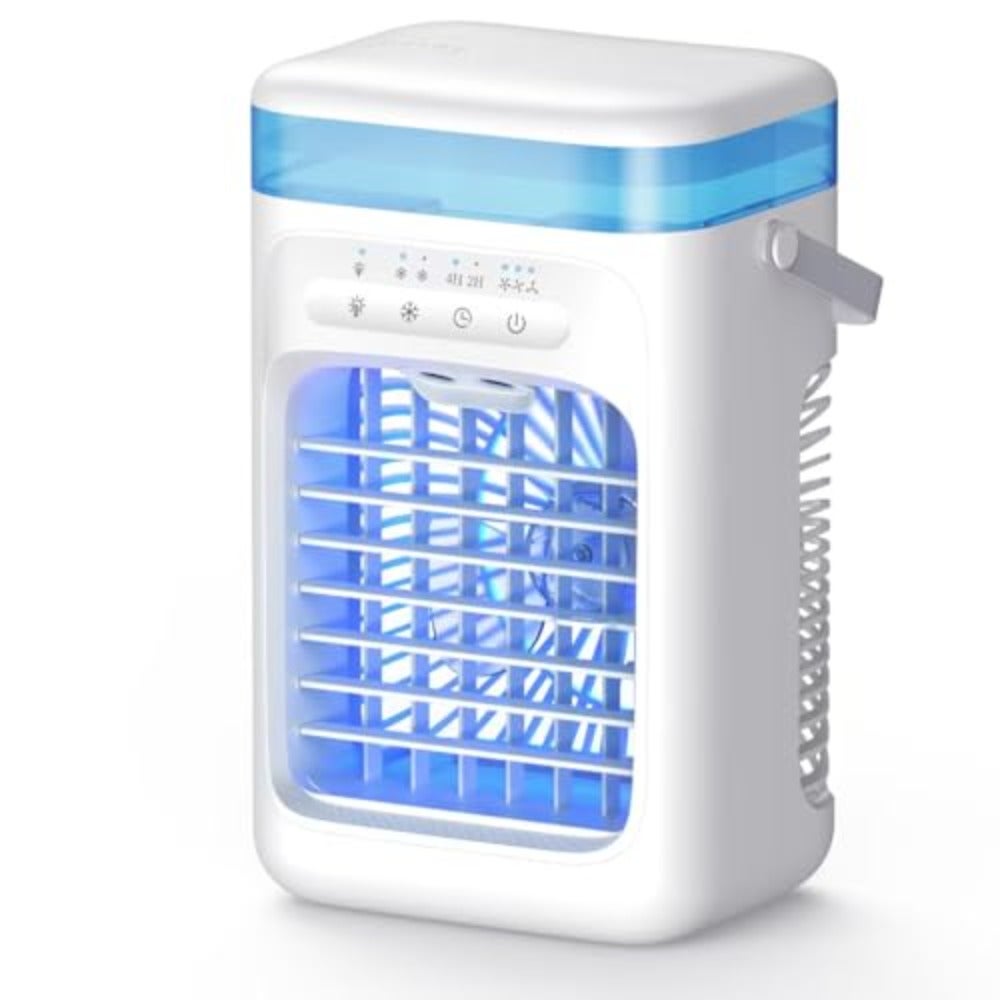 Portable Mini Desktop Air Conditioner Fan for home office use, evaporative cooling, white color with timer and LED light function