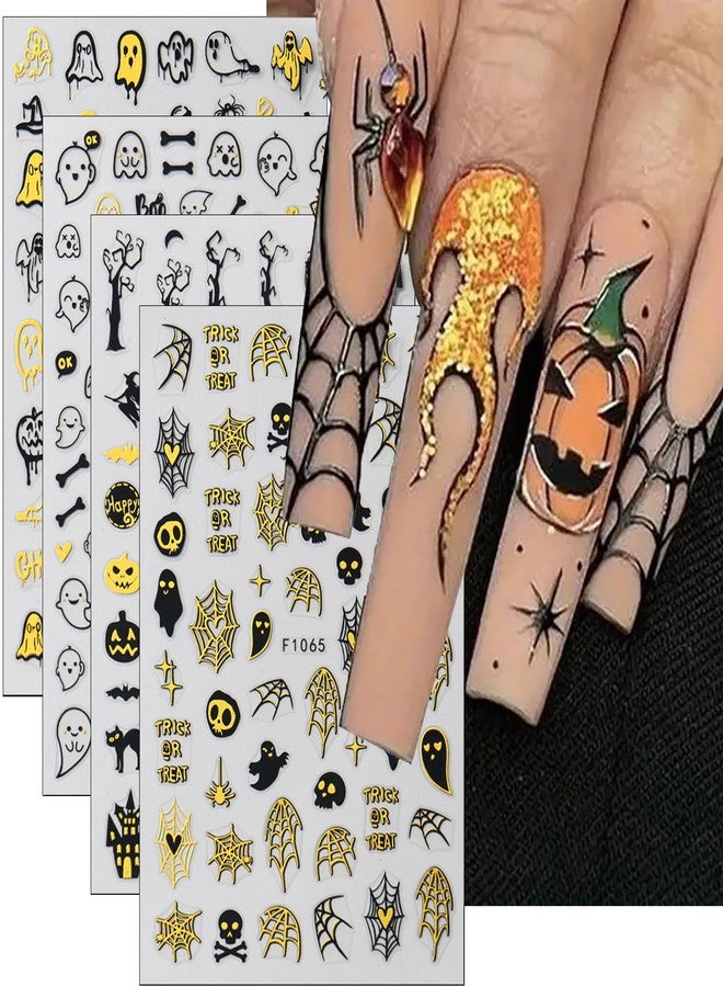 LYLYNB Halloween Nail Stickers, 4 Sheets, Black, Halloween Themed (Pumpkin, Ghost, Cat, Spider Web, Spider), Acrylic, Single Use, Rectangular, Nail Stickers - Image 1