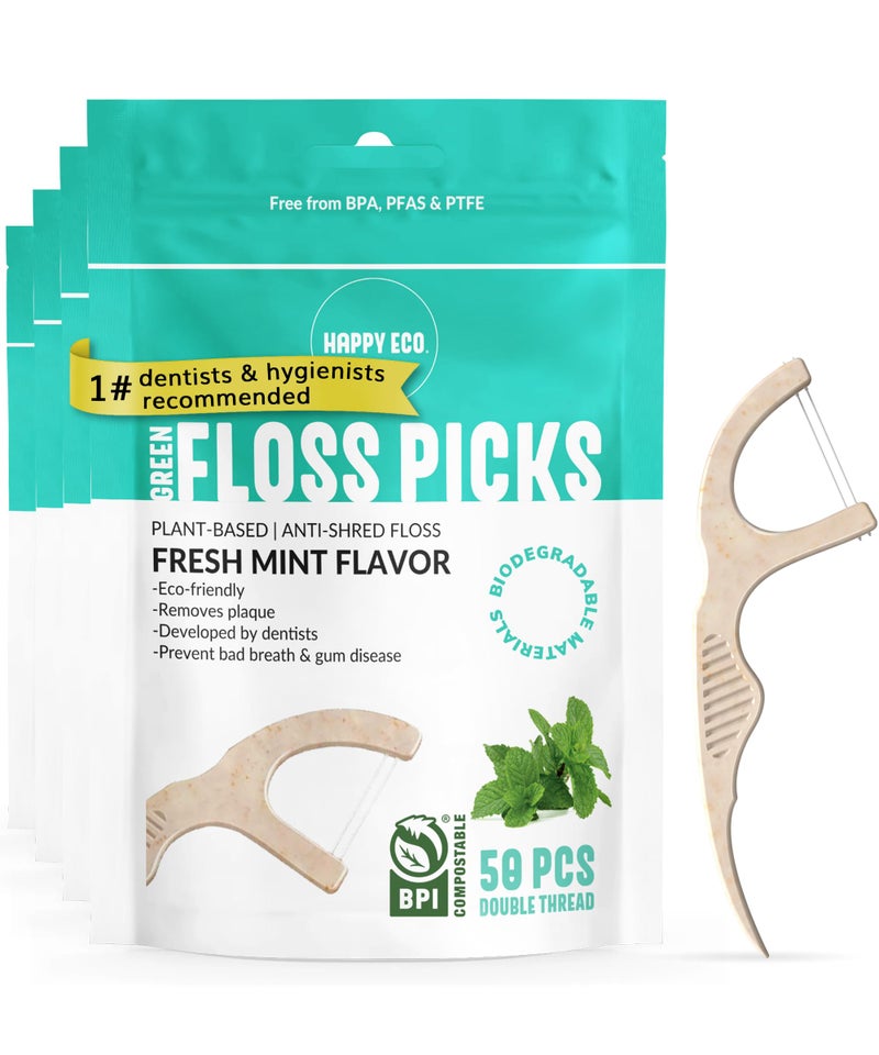 HAPPY ECO Floss Picks Biodegradable (200pcs) - Plant Based Dental Floss Picks, Natural Flossers for Adults & Kids, Nontoxic Vegan Tooth Pick Flossers & Eco Floss Sticks - Double Thread Mint - Image 1