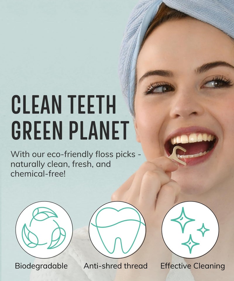 HAPPY ECO Floss Picks Biodegradable (200pcs) - Plant Based Dental Floss Picks, Natural Flossers for Adults & Kids, Nontoxic Vegan Tooth Pick Flossers & Eco Floss Sticks - Double Thread Mint - Image 3