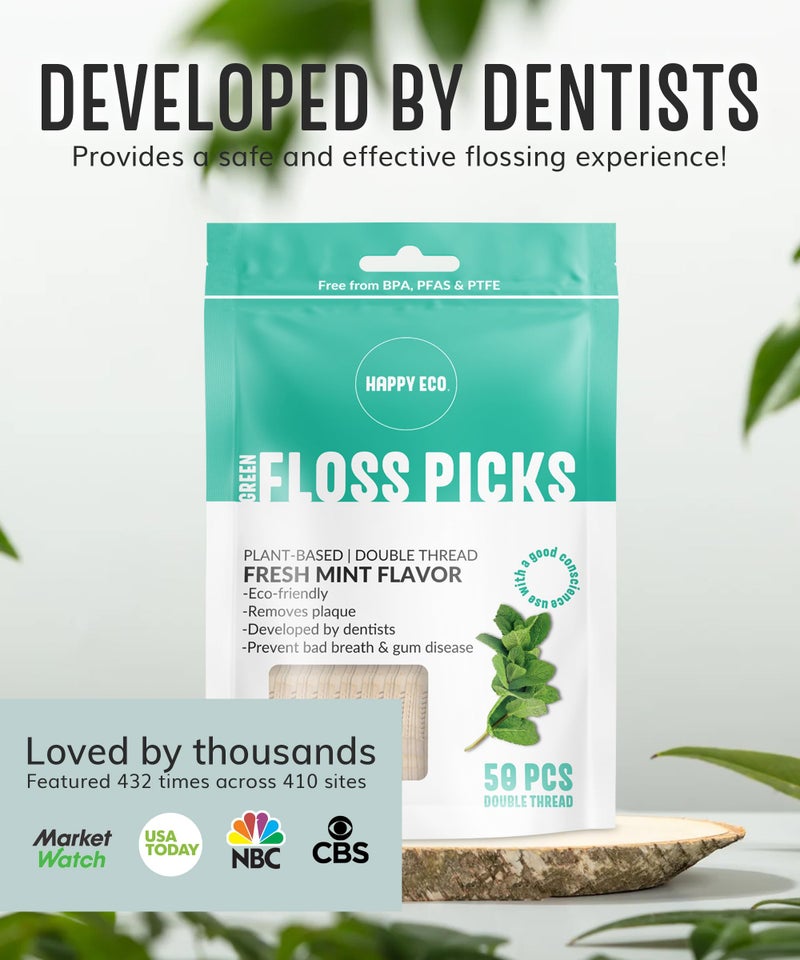 HAPPY ECO Floss Picks Biodegradable (200pcs) - Plant Based Dental Floss Picks, Natural Flossers for Adults & Kids, Nontoxic Vegan Tooth Pick Flossers & Eco Floss Sticks - Double Thread Mint - Image 5