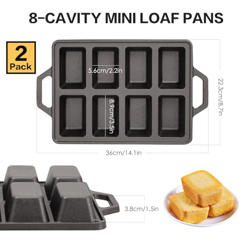 Flavehc 2pack Cast Iron Mini Loaf Pans 8-Cavity Bread Loaf Pans Pre-Seasoned Baking Pan Molds with Handle Bread Pans for Homemade Bread - Image 2