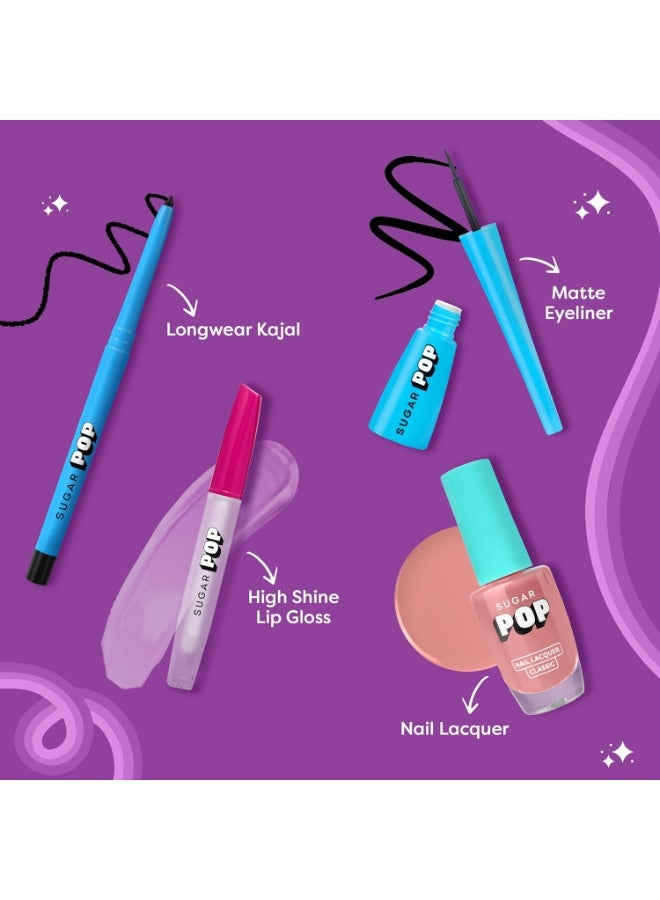 SUGAR POP My First Makeup Kit | Gift Set for Women | Kajal, Eyeliner, Nail Lacquer, Lip Gloss | Combo of 4 - Image 2