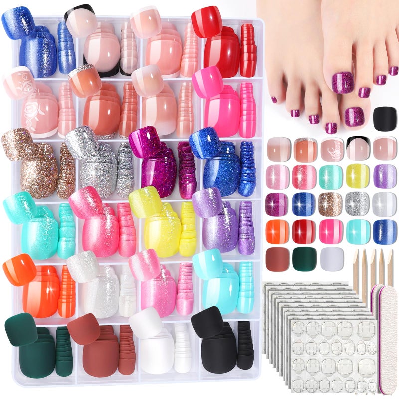 FANDAMEI Press on Toenails 24 Colors 576PCS Fake Toe Nails Short French Tip Press ons Glitter Glossy Matte for Nail Art