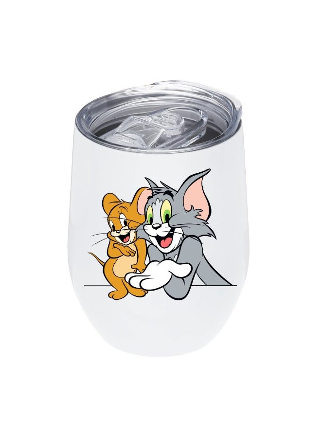 LOUD UNIVERSE White Stainless Steel Insulated Tumbler 12Oz With Lid Printed Tom And Jerry Cartoon, Perfect Cute Gift For Hot And Cold Drinks  - Image 1