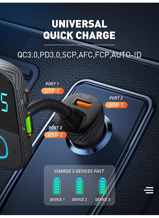 LDNIO Car Charger, Bluetooth 5.0 Fm Transmitter For Car Fast Charging With Hi-Fi Audio Triple Usb/Usb-C Ports 45W Support Pd3.0/Qc3.0/Pps/Auto-Id Quick Charge - Image 2